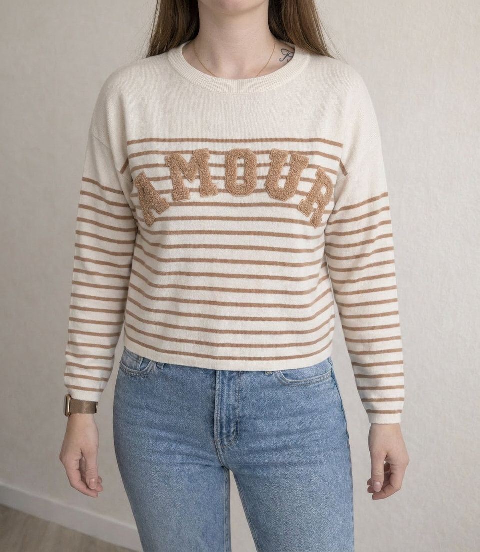 Sweat Rayé Sans Marque - S - Crème Et Marron - Amour