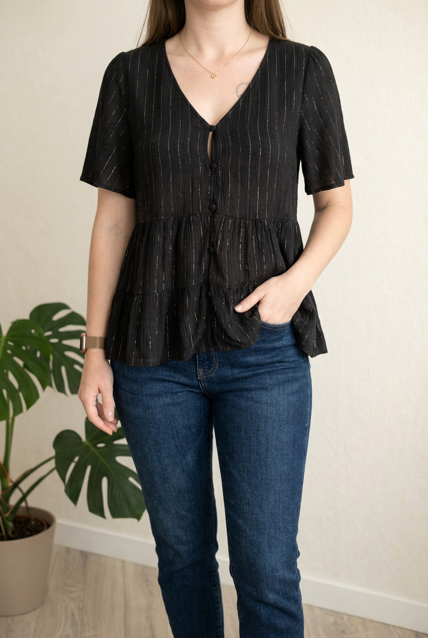 Blouse Promod - M - Noir à rayures dorées