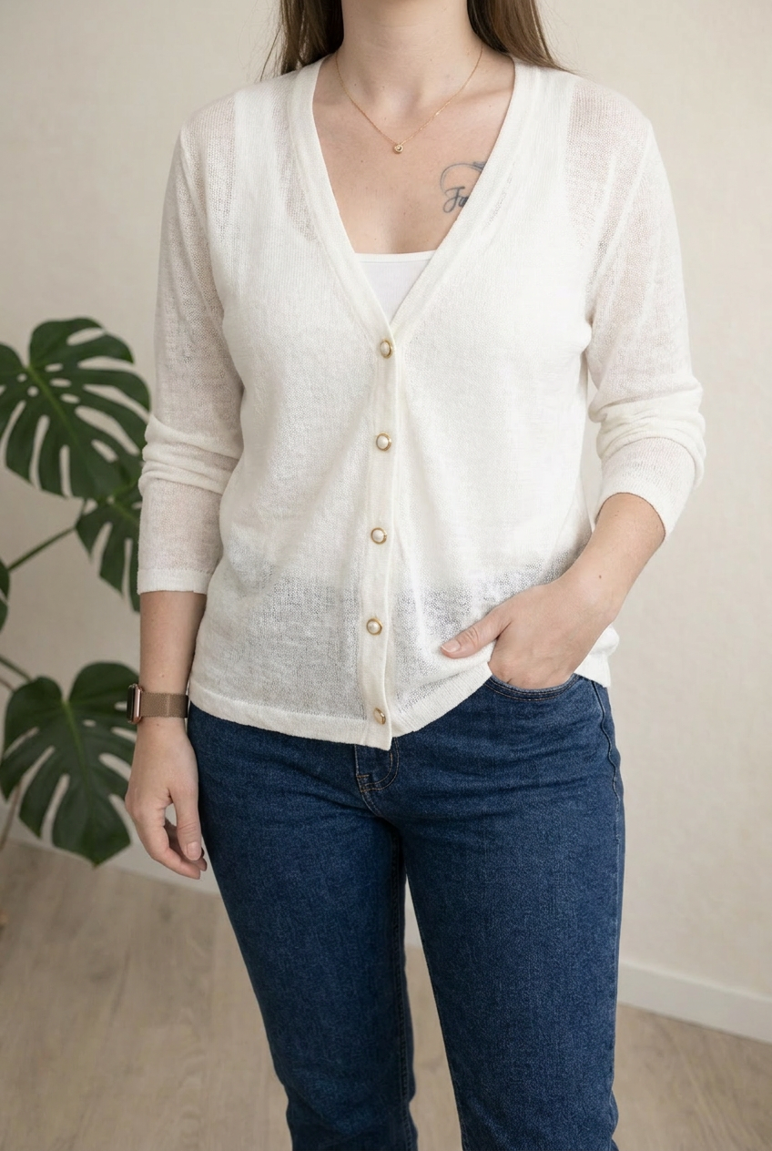 Gilet Vintage maille fine - L - Blanc
