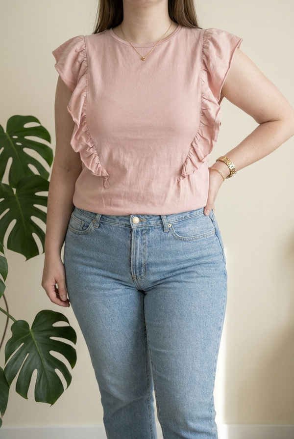 T-shirt sans manches Camaïeu rose à volants - Xl -