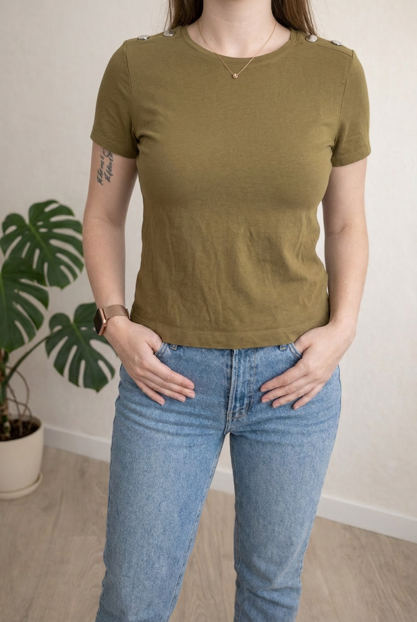 T-shirt À Boutons Zara - M - Kaki -