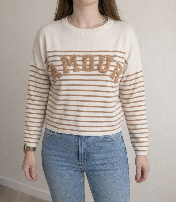 Sweat Rayé Sans Marque - S - Crème Et Marron - Amour