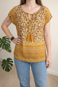Blouse Camaïeu - L - Moutarde - Motif Floral et Glands