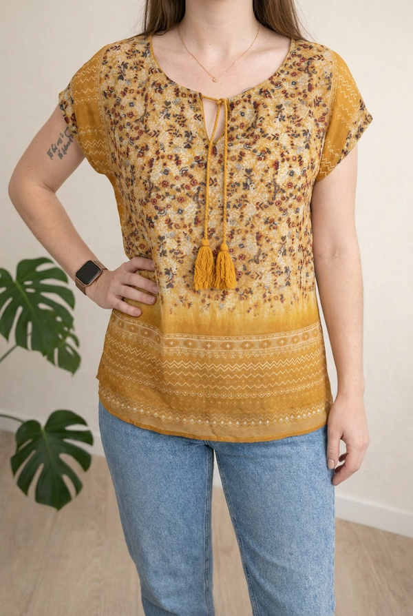 Blouse Camaïeu - L - Moutarde - Motif Floral et Glands