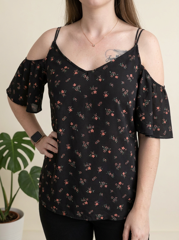 Blouse Jennyfer - S - Noir - Fleurs épaules dénudées