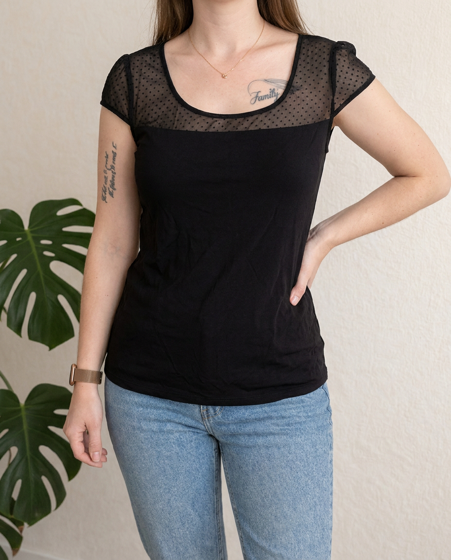 Haut Stradivarius - L - Noir - Voile Plumetis