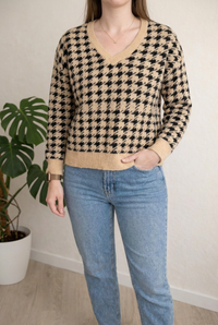 Pull col V Cache Cache - M - Beige et Noir