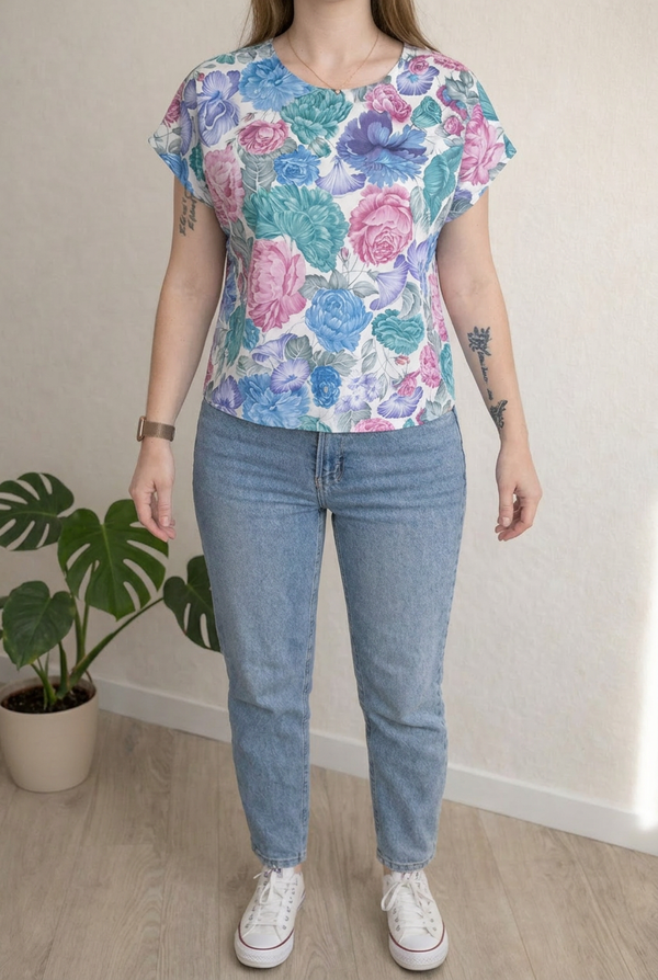 Top vintage - M - Fuchsia Et Bleu - À Fleurs