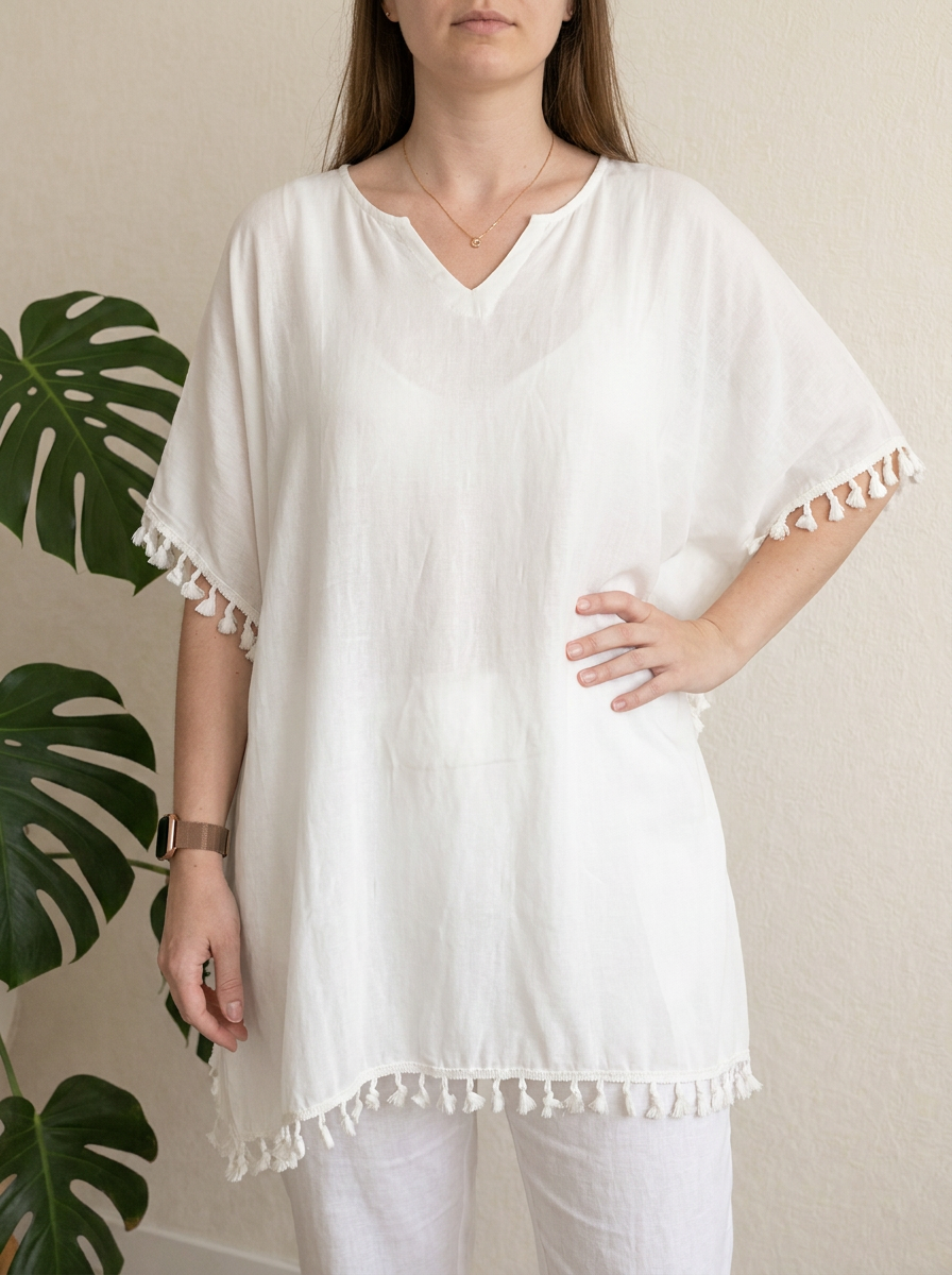 Robe de plage Kiabi - M - Blanc - pompons viscose