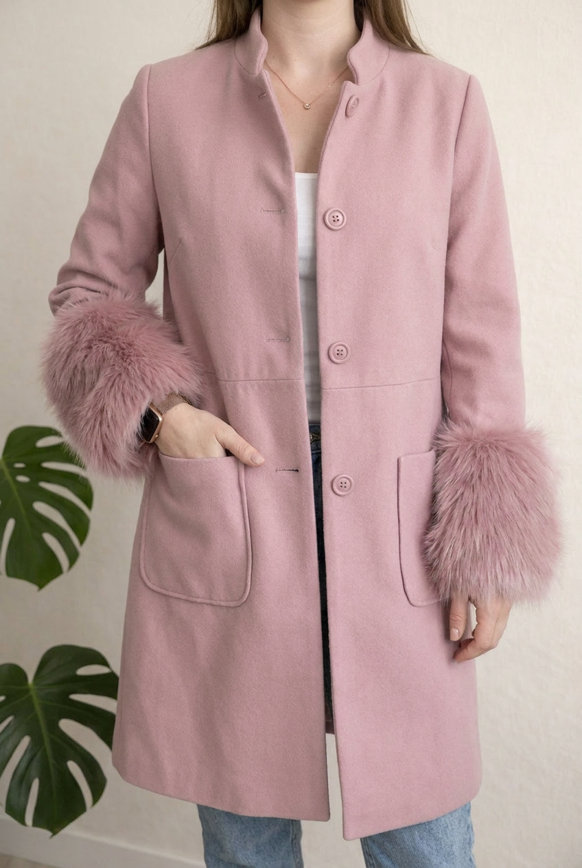 Manteau Long Justfabulous - M - Rose - Poignets Fourrure
