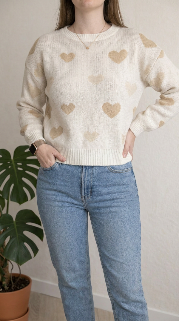 Pull motifs cœurs Shein - L - Crème -