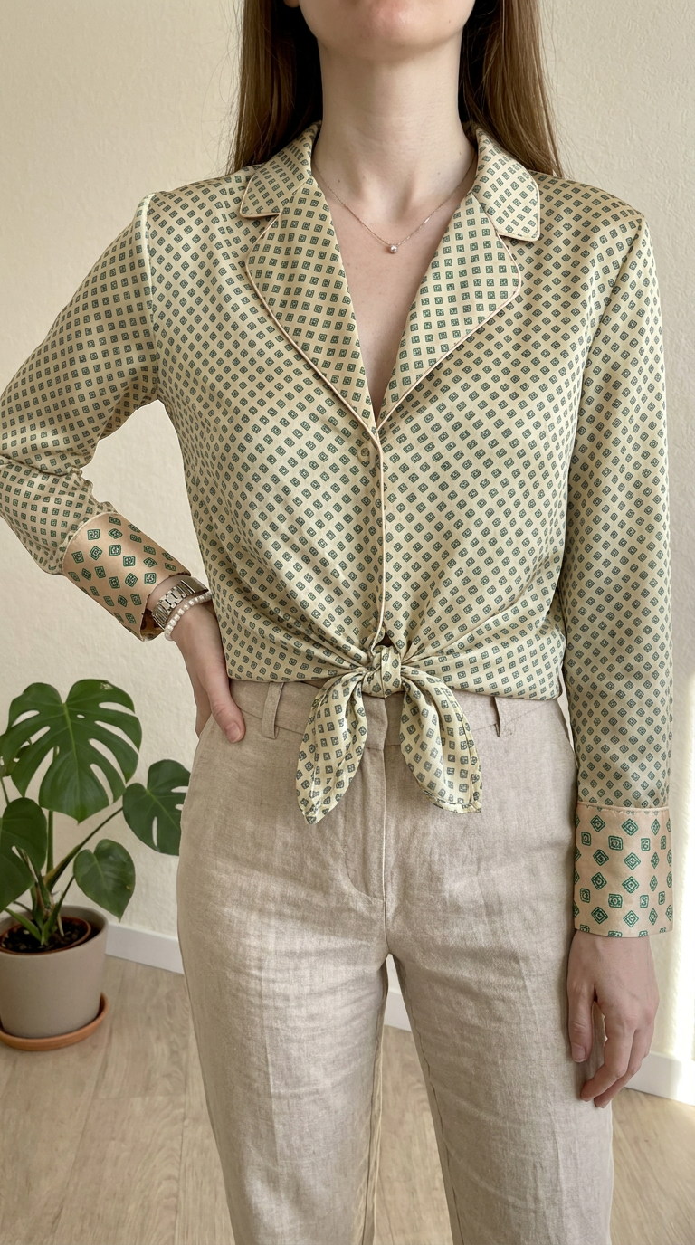Chemisier à nouer Zara - Xs - Crème et Vert