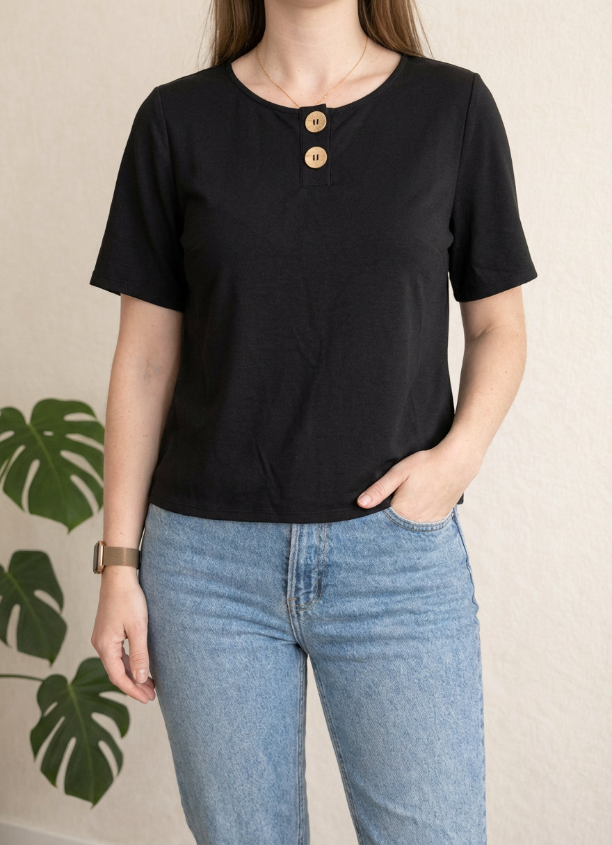 T-shirt Camaïeu - M - Noir - avec boutons dorés