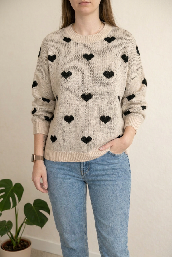 Pull Sans Marque - M - Crème - Motifs Coeurs